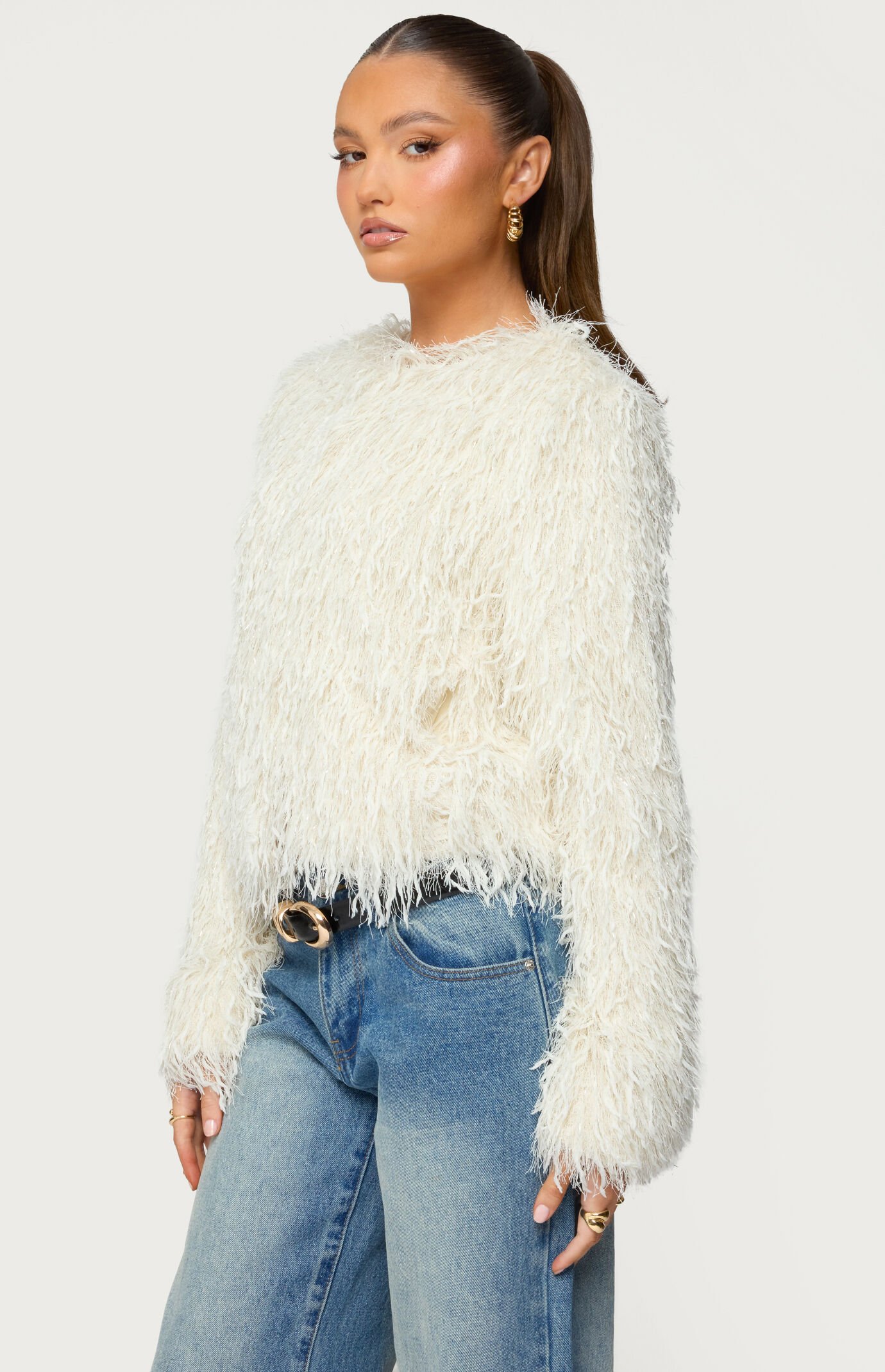 Edikted Aleandra Fringed Faux Feather Jacket