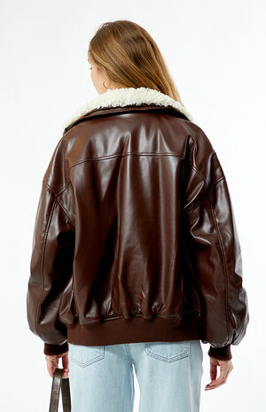Faux Leather Sherpa Collar Bomber Jacket image number 4