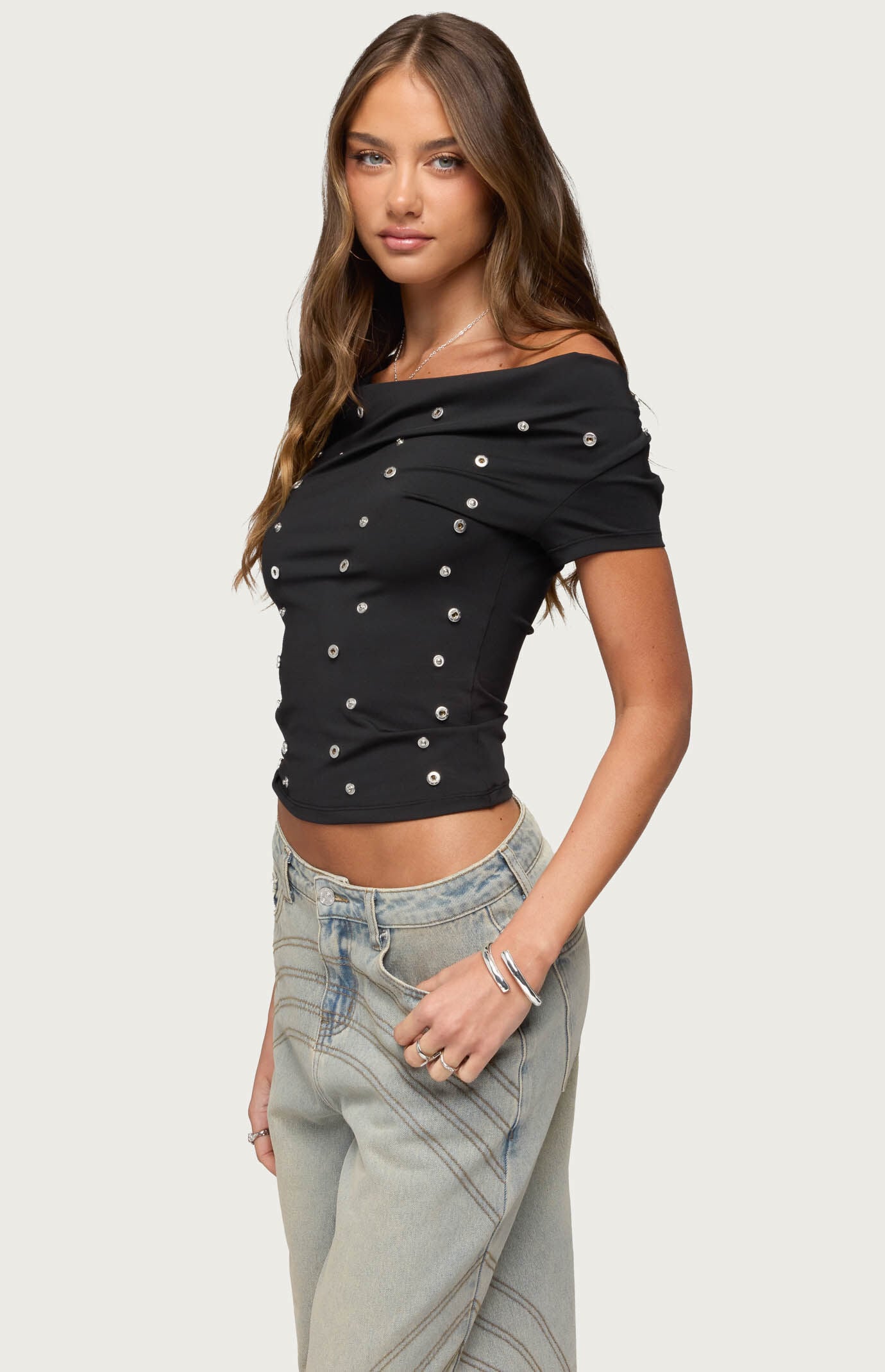 Edikted Bijou Metal Snap Cowl Neck Top