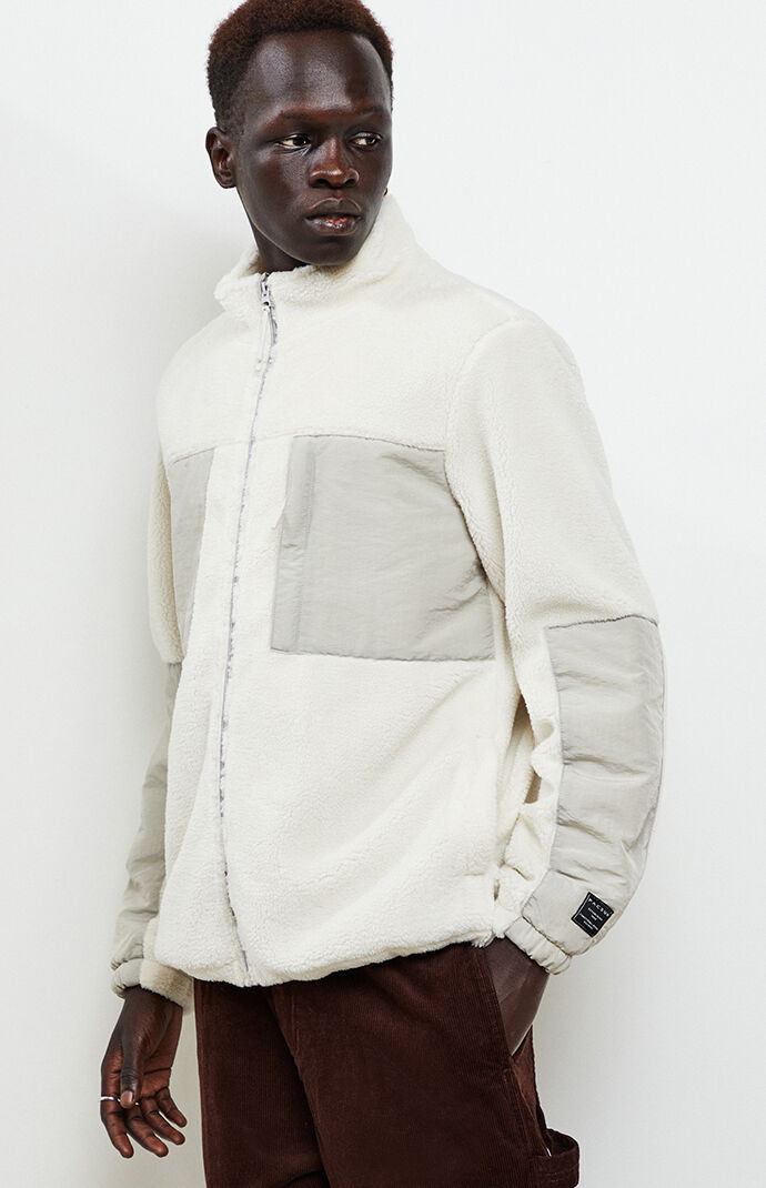 White & Gray Zip-Up Sherpa Jacket