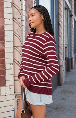 Burgundy Thin Stripe Crew Neck Sweater image number 2