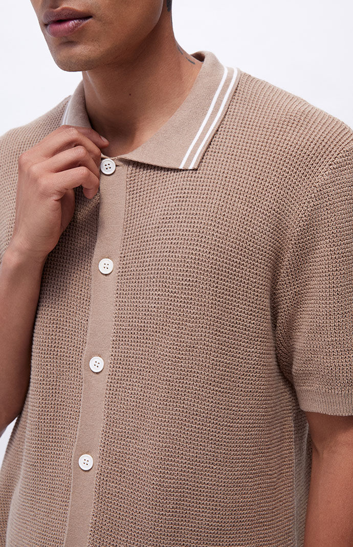 トップス Open-Knit Button-Through Shirt Men's Short Sleeve Shirts | Capri Azure Full Placket Short
