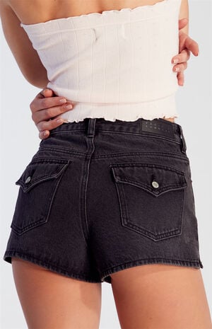 Black Button Flap Denim Mom Shorts image number 5