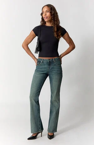 Jade Low Rise Bootcut Jeans Button Pocket Dark Blue image number 6