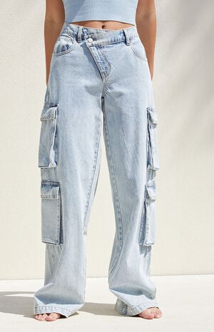 Light Blue Asymmetrical '90s Baggy Cargo Jeans image number 2