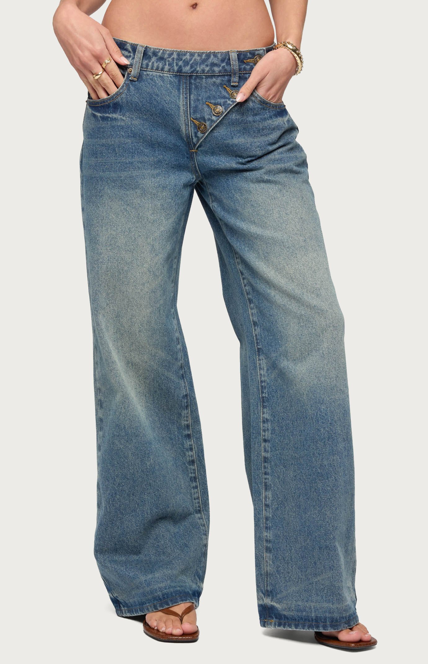 Edikted Moxlan Slanted Button Low Rise Baggy Jeans