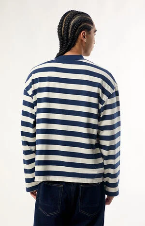 Blue Global Striped Heavyweight Cropped Long Sleeve T-Shirt image number 4