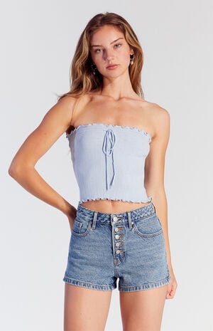 Light Indigo Exposed Button High Waisted Denim Festival Shorts