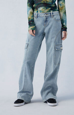 Eco Light Indigo Curved Low Rise Wide Leg Cargo Jeans image number 2