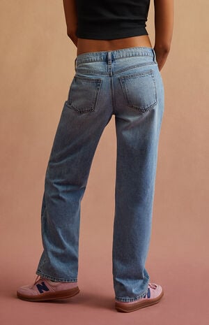 Light Blue Rhinestone Chain Low Rise Straight Leg Jeans image number 3