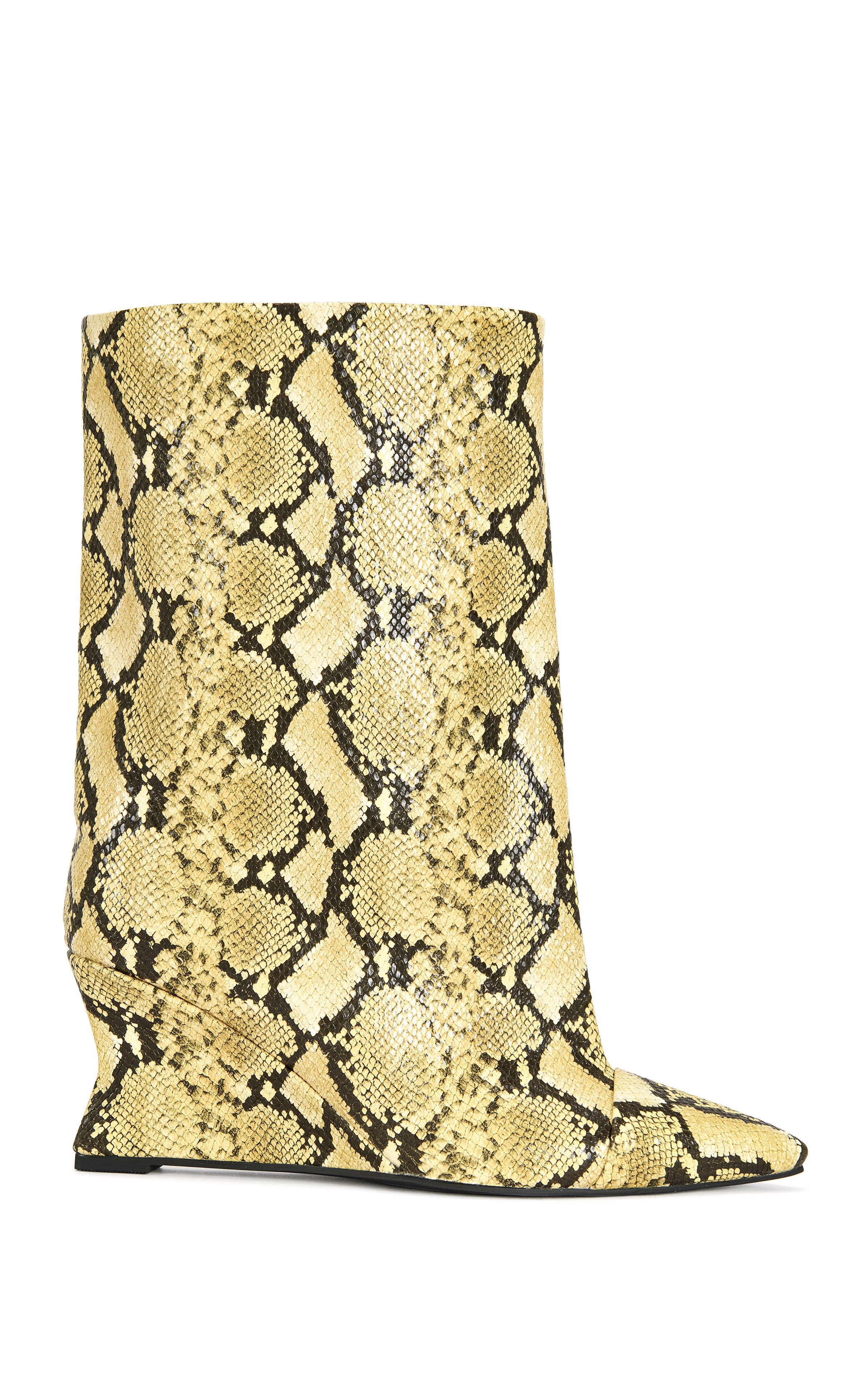 AZALEA WANG Women's Vinci Yellow Snake Wedge Booties