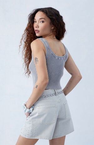 Eco Gray Rhinestone High Waisted Relaxed Jorts image number 3