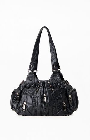 Faux Leather Studded Zip Duffle Shoulder Bag image number 1