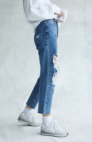 Medium Blue Distressed High Waisted Straight Leg Jeans image number 2