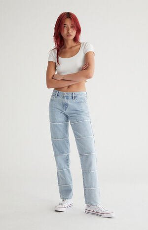 Eco Light Blue Frayed Low Rise Straight Leg Jeans image number 1