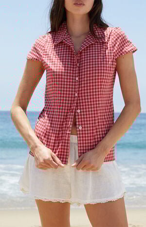 Red & White Plaid Rue Collared Top
