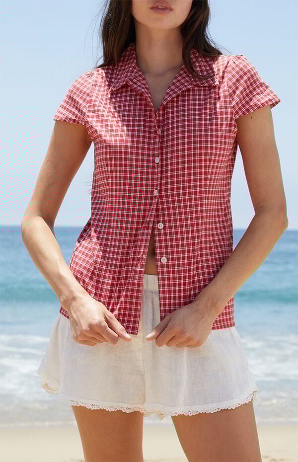 John Galt Red & White Plaid Rue Collared Top