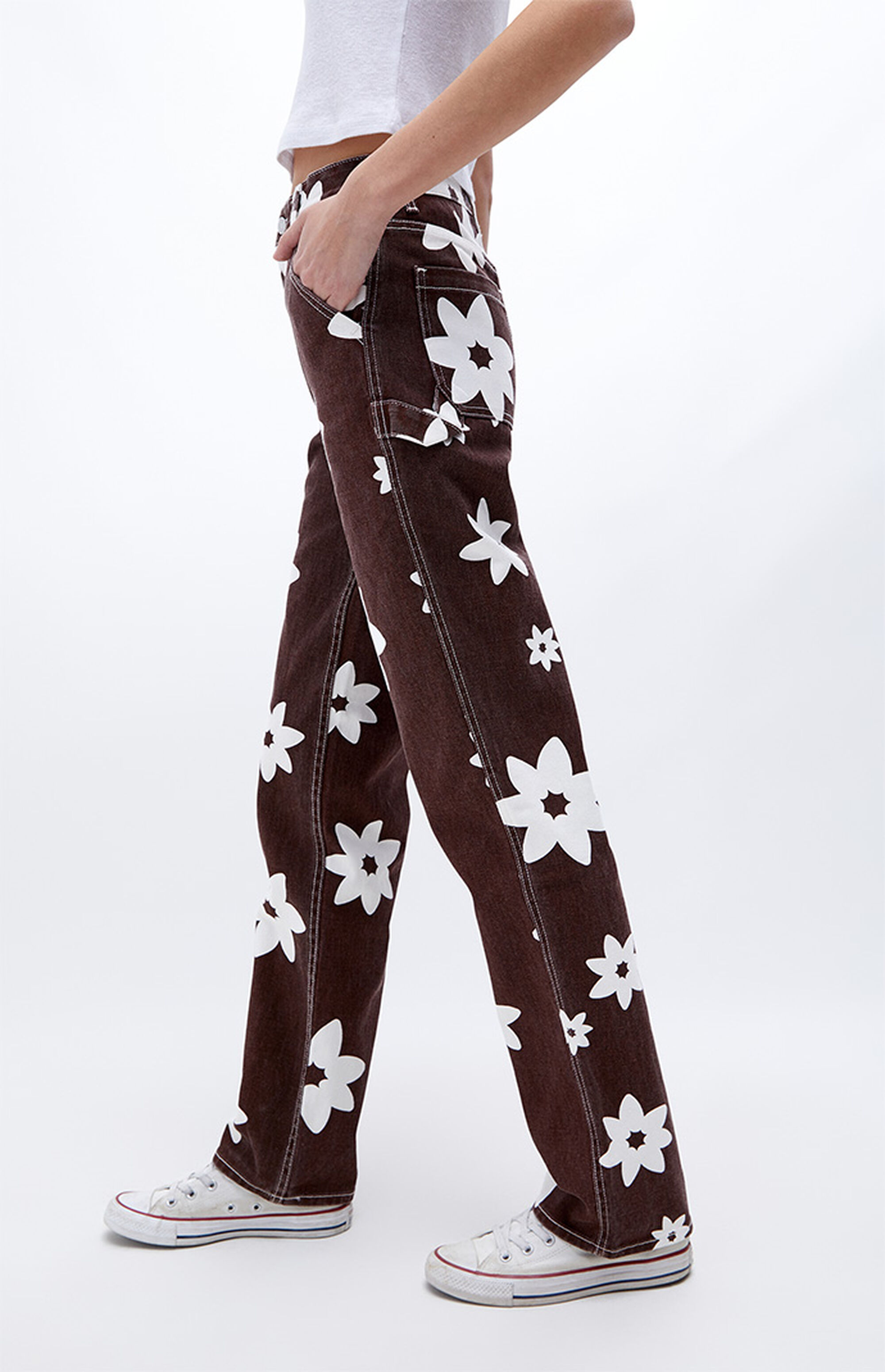 PacSun Brown Flower Boyfriend Carpenter Pants PacSun