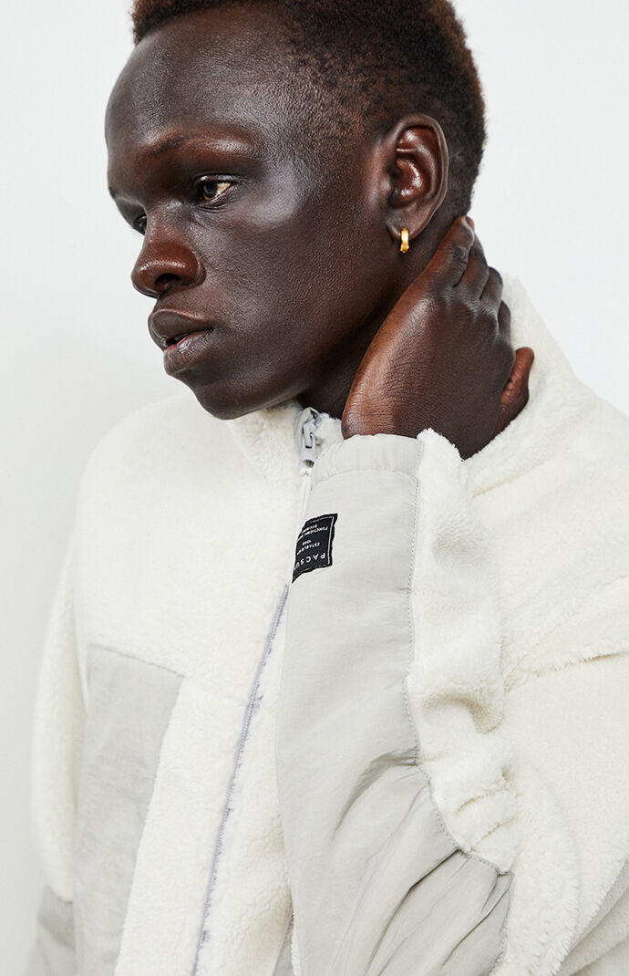 White & Gray Zip-Up Sherpa Jacket
