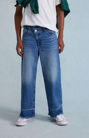 Asymmetrical Waistband Medium Blue Baggy Jeans image number 2