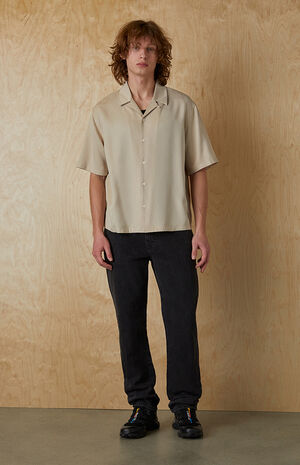 Tan Solid Color Oversized Camp Shirt image number 4