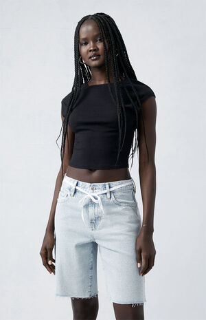 Eco Light Indigo Raw Cut Baggy Jorts image number 1