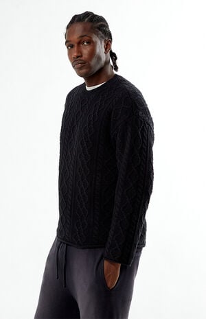 Black Nuwave Cable Knit Crew Neck Sweater image number 4