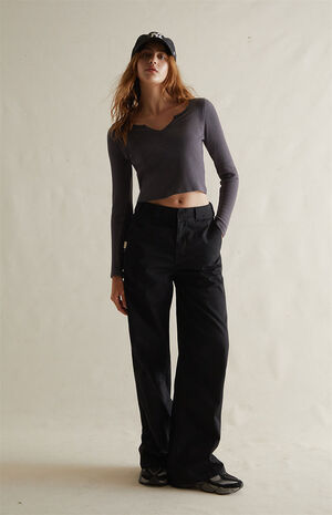 Waffle Knit Notched Neck Long Sleeve Top image number 3