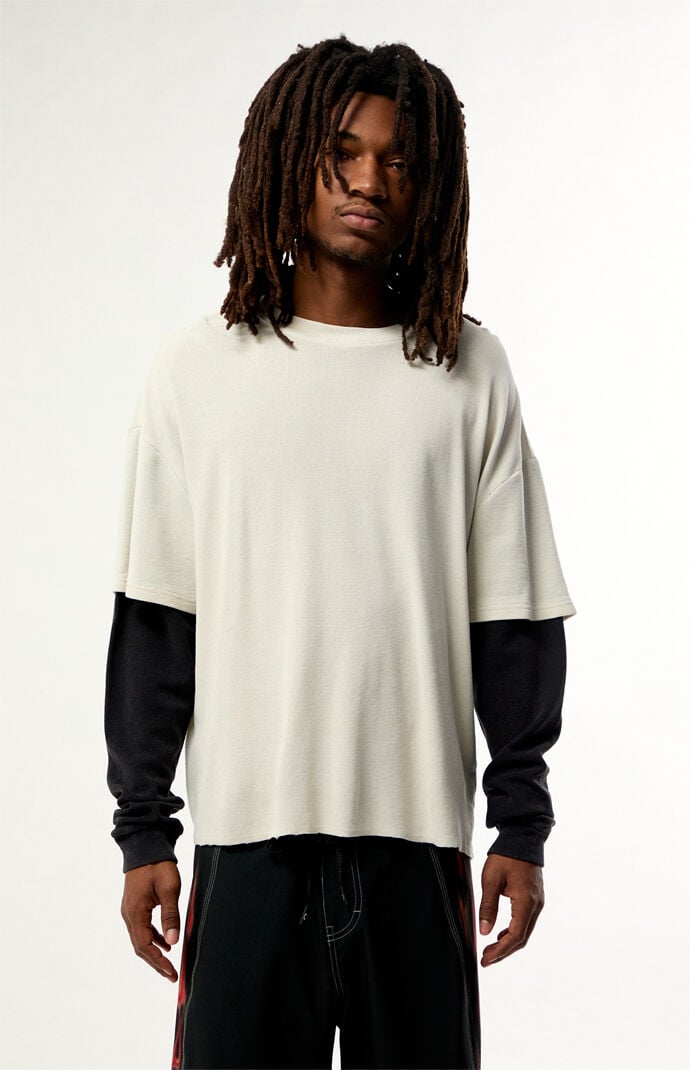 Pacsun Cream Waffle Knit 2Fer Layered Long Sleeve T-Shirt