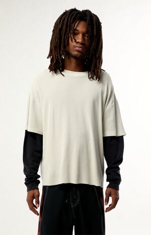 Cream Waffle Knit 2Fer Layered Long Sleeve T-Shirt image number 1
