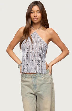 Thaly Backless Sequin Crochet Halter Top image number 1