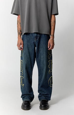 Dylan Baggy Jeans Frayed NYC Applique Dark Blue image number 2