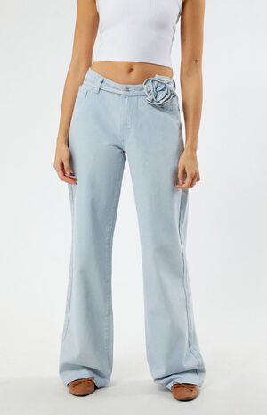 Light Indigo Rose Belted Low Rise Baggy Jeans image number 1