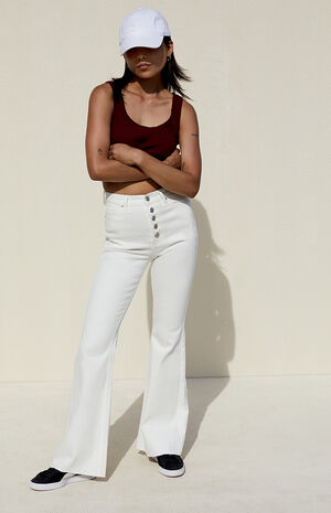 White Button Stretch High Waisted Flare Jeans image number 1
