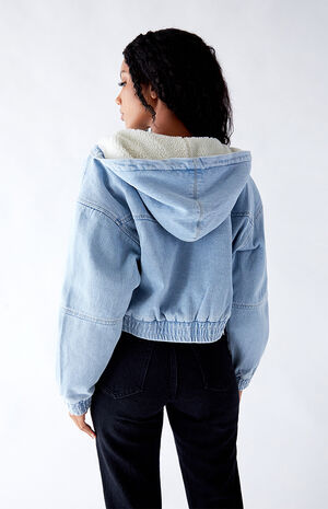 Light Indigo Hooded Sherpa Cropped Jacket Light Indigo Hooded Sherpa Cropped Jacket image number null