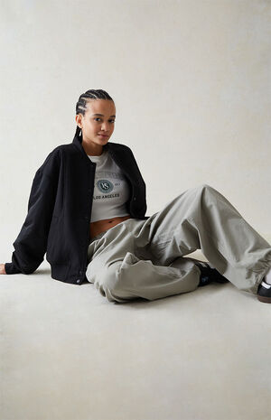 Black Wool Bomber Varsity Jacket image number 3