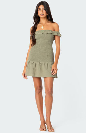 Off Shoulder Scrunched Linen Look Mini Dress image number 2