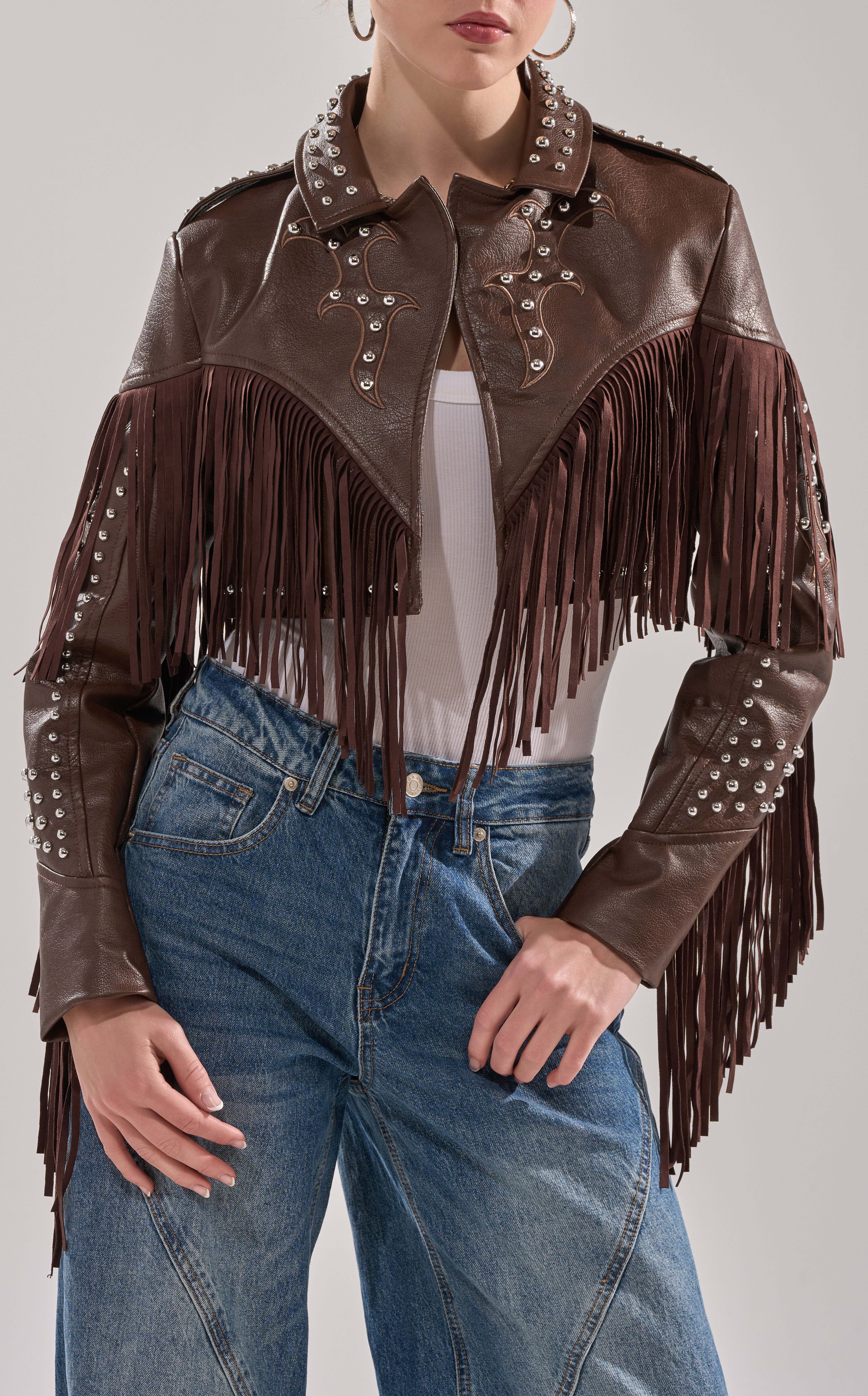 AZALEA WANG Reece Brown Western Fringe Faux Leather Jacket