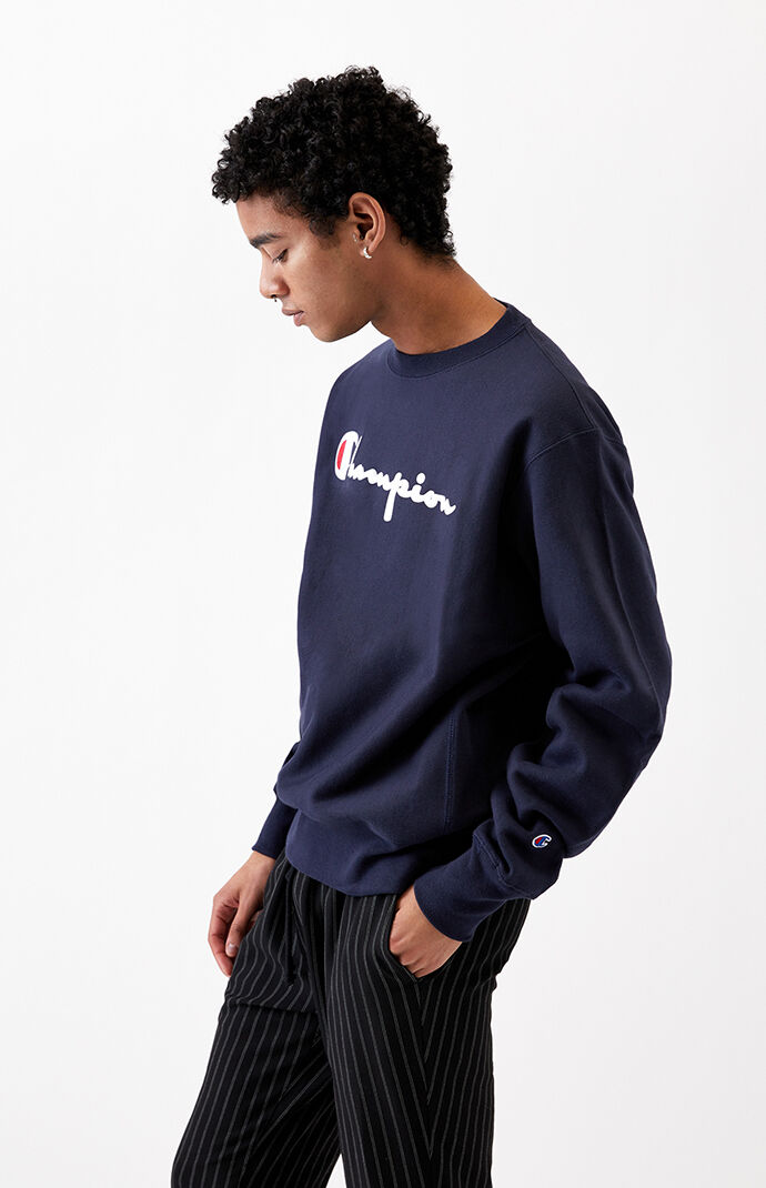Reverse Weave Script Applique Crew Neck Sweatshirt