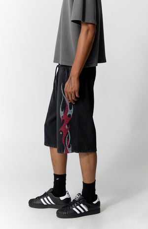 Washed Black Fleece Graphic Baggy Sweat Shorts image number 3