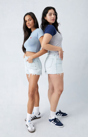 Eco Stretch Light Indigo Ripped Curve High Waisted Denim Festival Shorts image number 1
