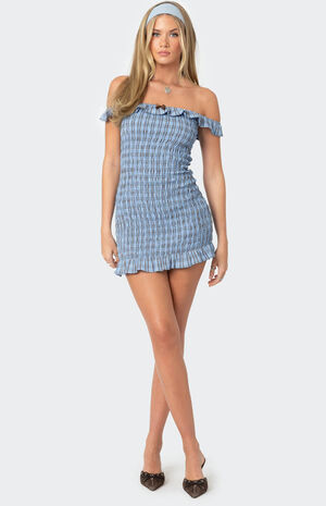 Off Shoulder Scrunched Plaid Mini Dress image number 2