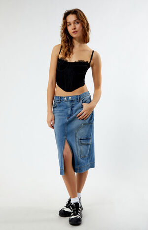 Medium Indigo Carpenter Cargo Denim Midi Skirt image number 1
