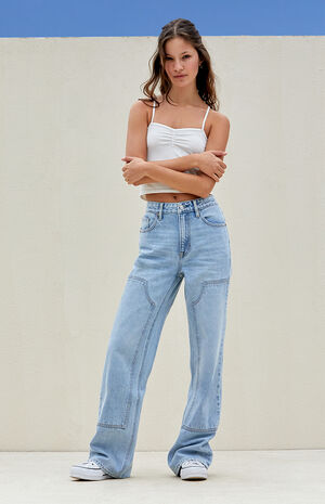 Light Indigo Panel High Waisted Girlfriend Jeans image number 2