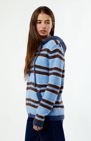 Striped Fluffy Knit Zip Up Hooded Sweater image number 3