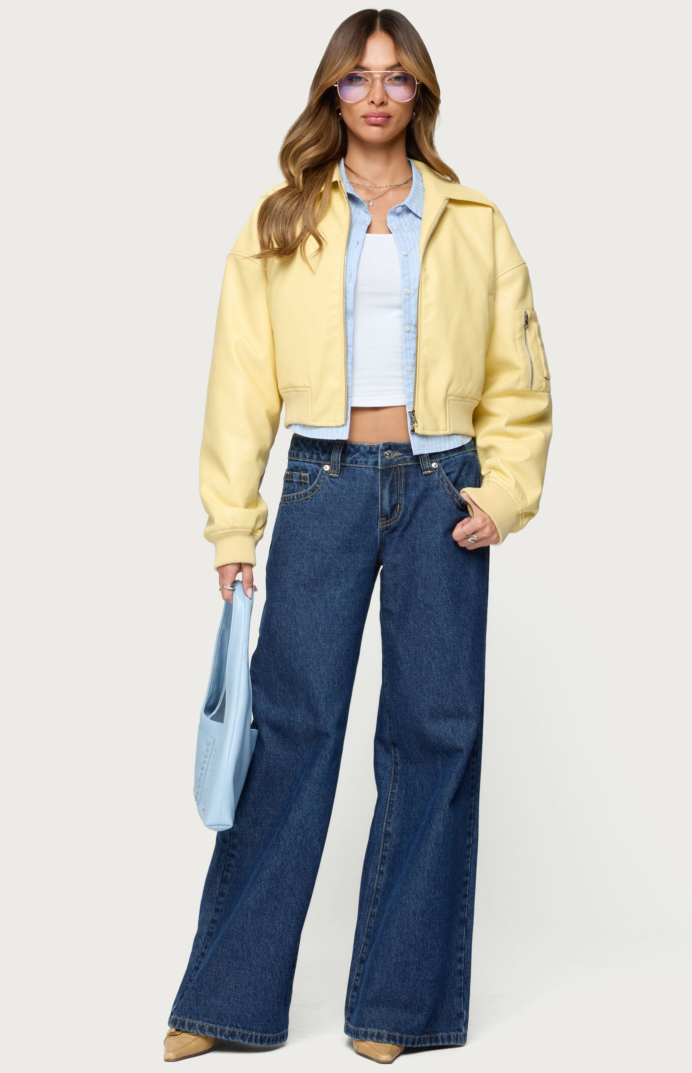 Edikted Zayna Cropped Faux Leather Bomber Jacket