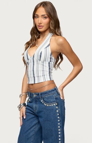 Sofey Striped Denim Halter Top image number 2