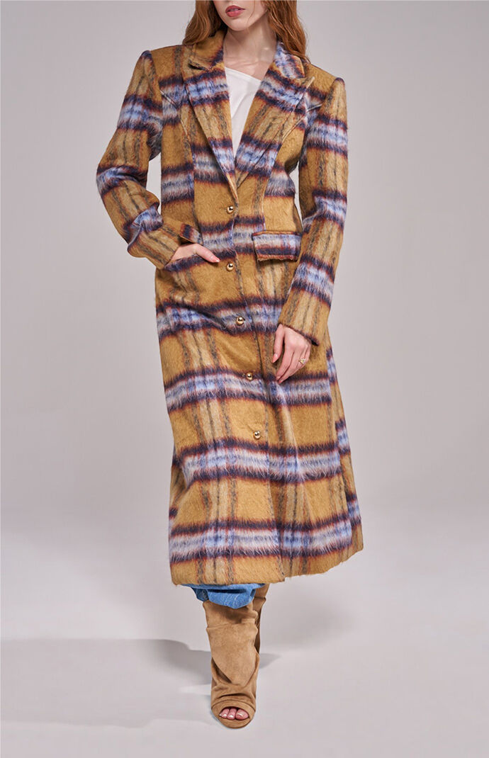 AZALEA WANG Talora Tan Plaid Long Faux Fur Trench Coat