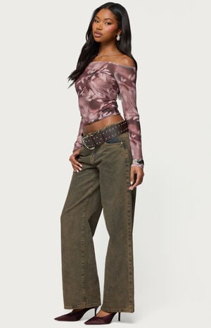 Off Shoulder Printed Sheer Mesh Top image number 4