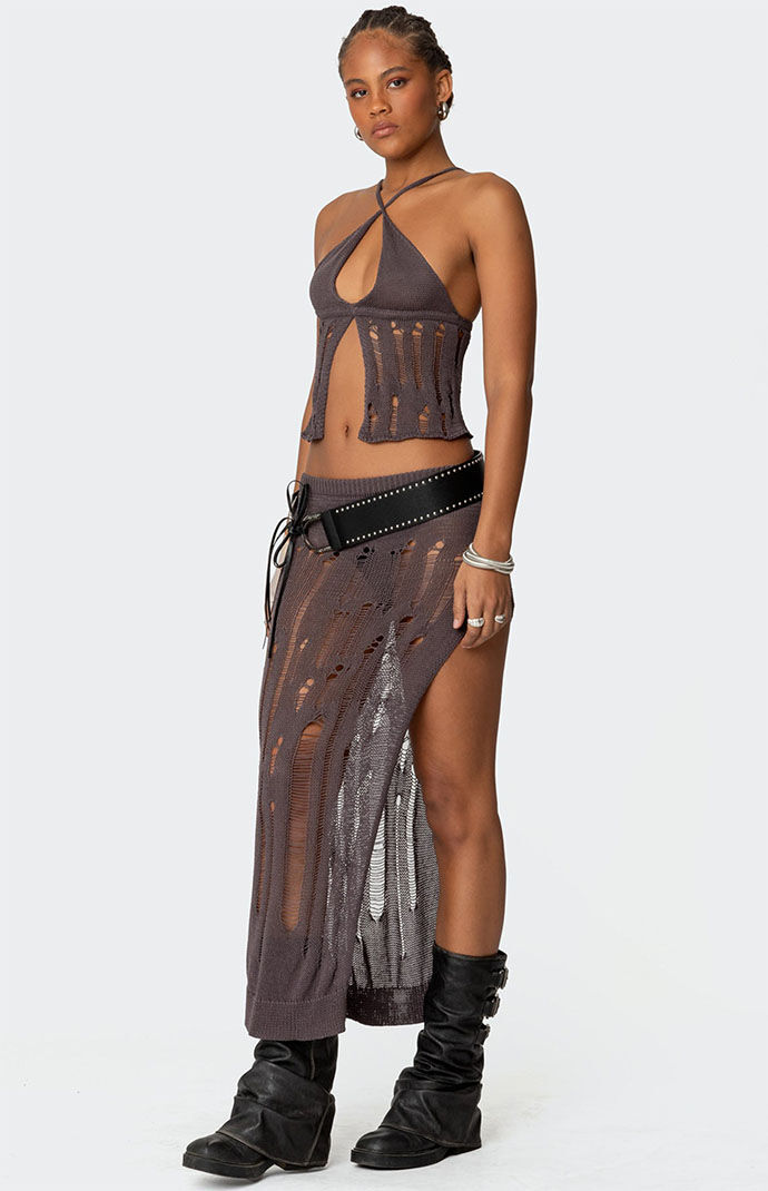 Edikted Jaynie Distressed Knit Maxi Skirt | PacSun